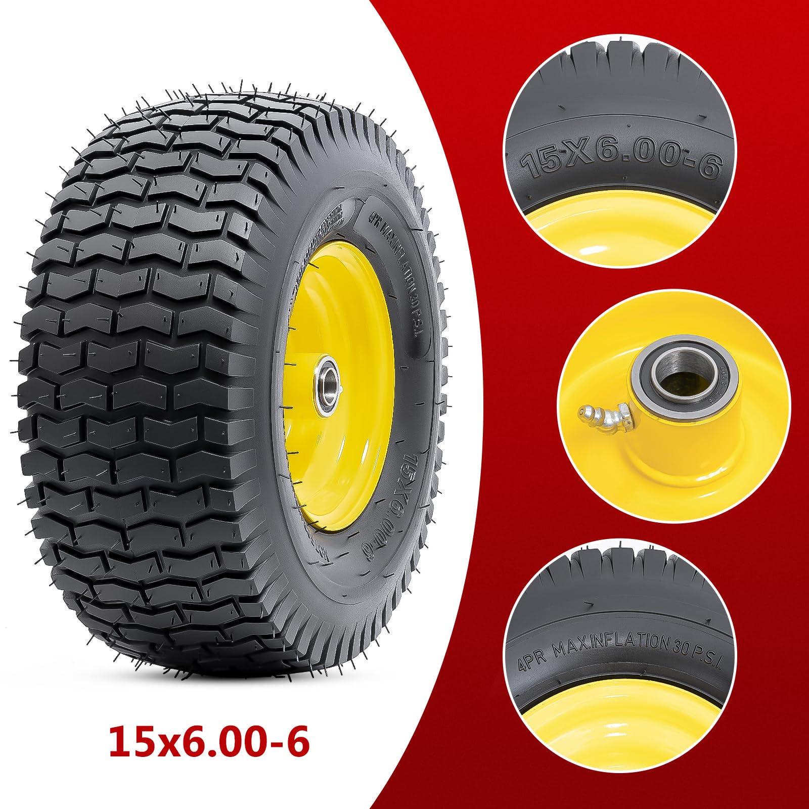 2 Stück 15x6.00-6 Reifen und Rad, Ersatz-Luftreifen 15 Zoll Rad mit 3/4 Zoll Lagern, 15x6.00-6 Luftfreireifen kompatibel mit Sackkarre, Schubkarre, Wagen, Gorilla Carts Reifen| gelb