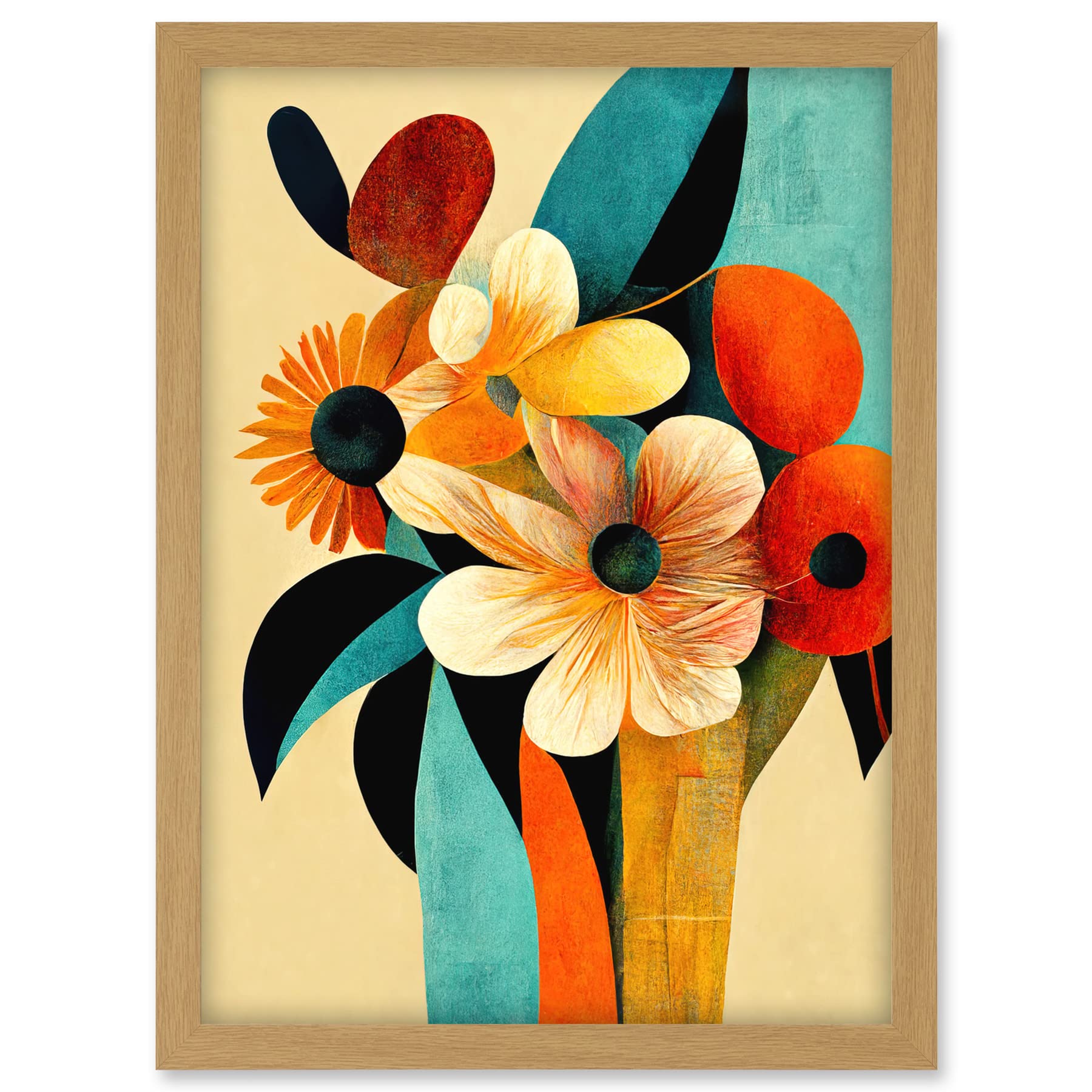 Doppelganger33 LTD Vibrant Modern Abstract Oil Painting Summer Flower Bouquet Teal Orange Artwork Framed A3 Wall Art Print