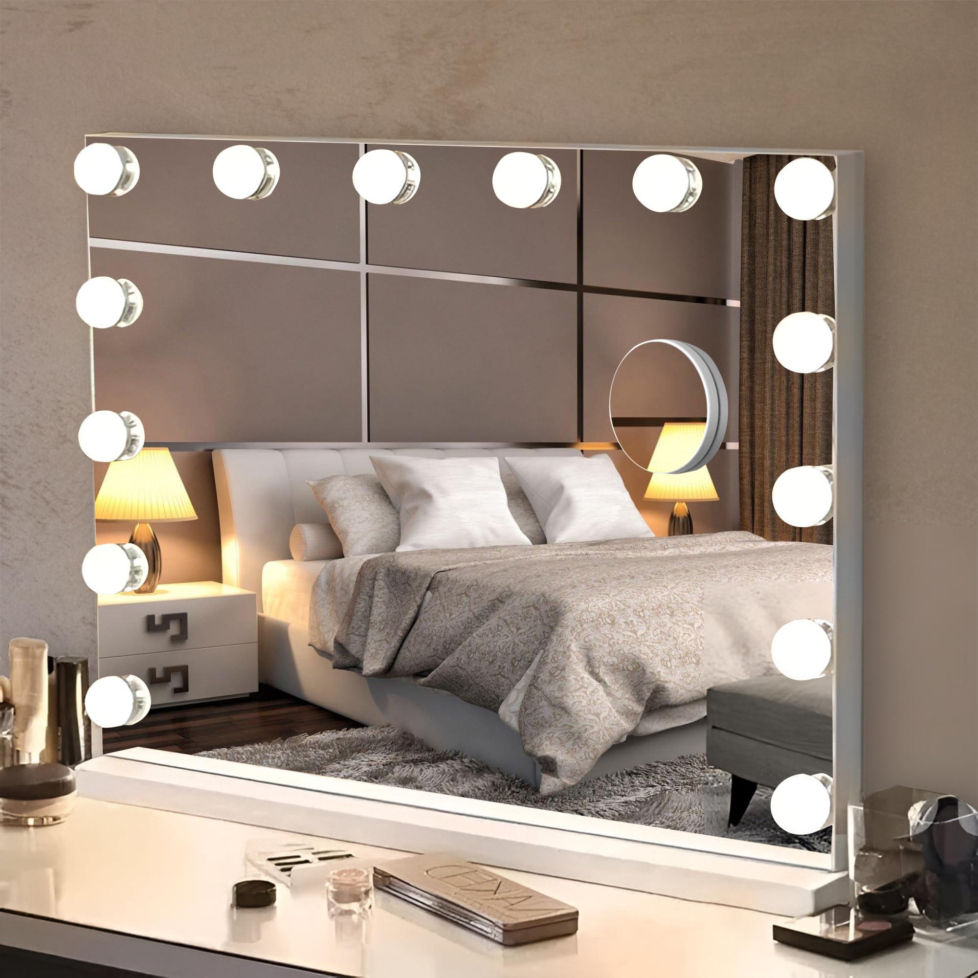 Bayt Specchio Trucco con luci LED – Specchio Hollywood Bianco 50x40 cm con 14 Lampadine Dimmerabili, 3 Tonalità di Luce (calda, fredda, naturale), Touch Screen & Specchietto Ingranditore 10x