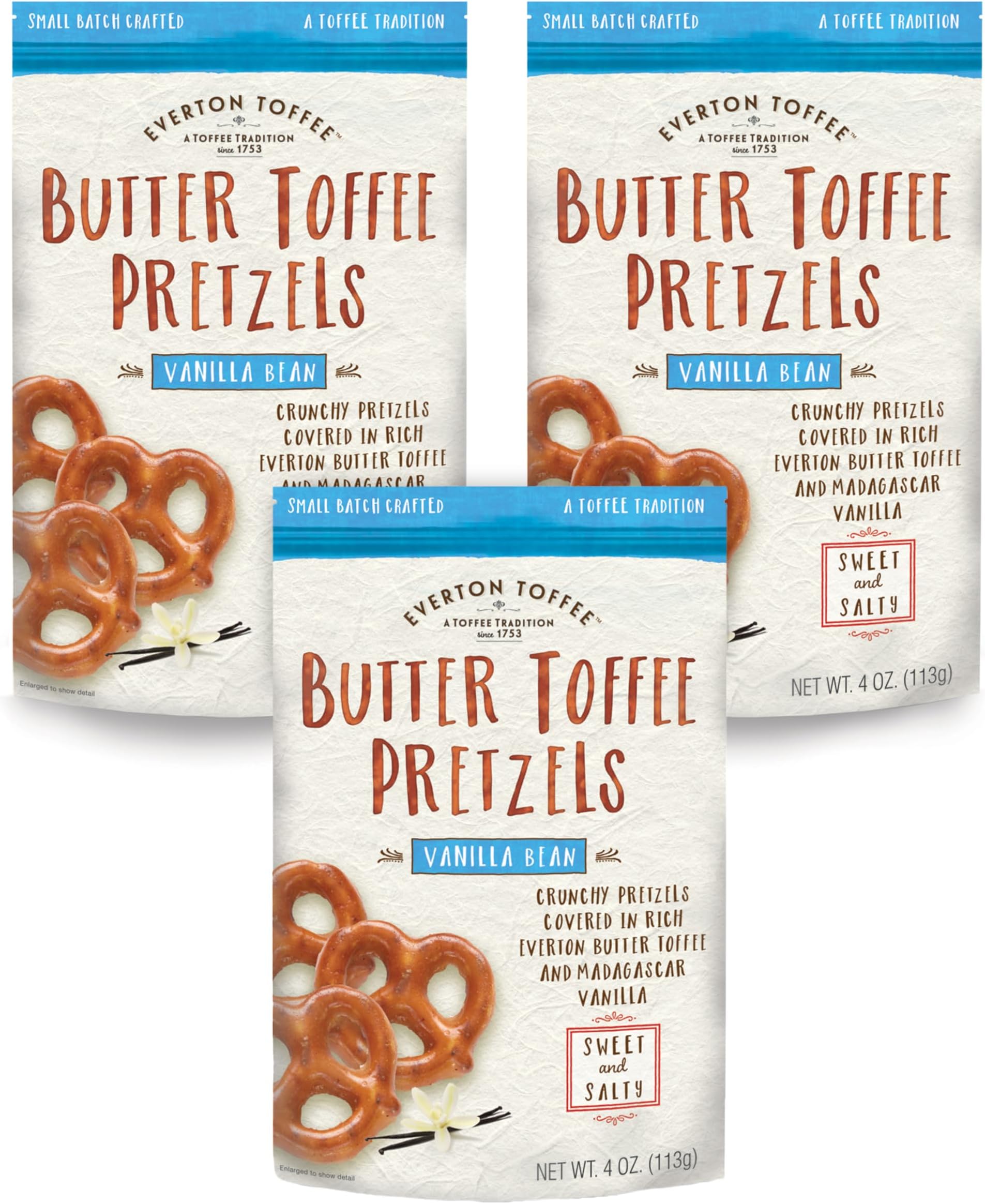 Everton Butter Toffee Pretzels, Vanilla Bean Flavor (4 oz bag, 3-pack) Gourmet Artisan Toffee Covered Pretzels, Sweet & Salty Mini Pretzel Snacks, Small Batch Crafted