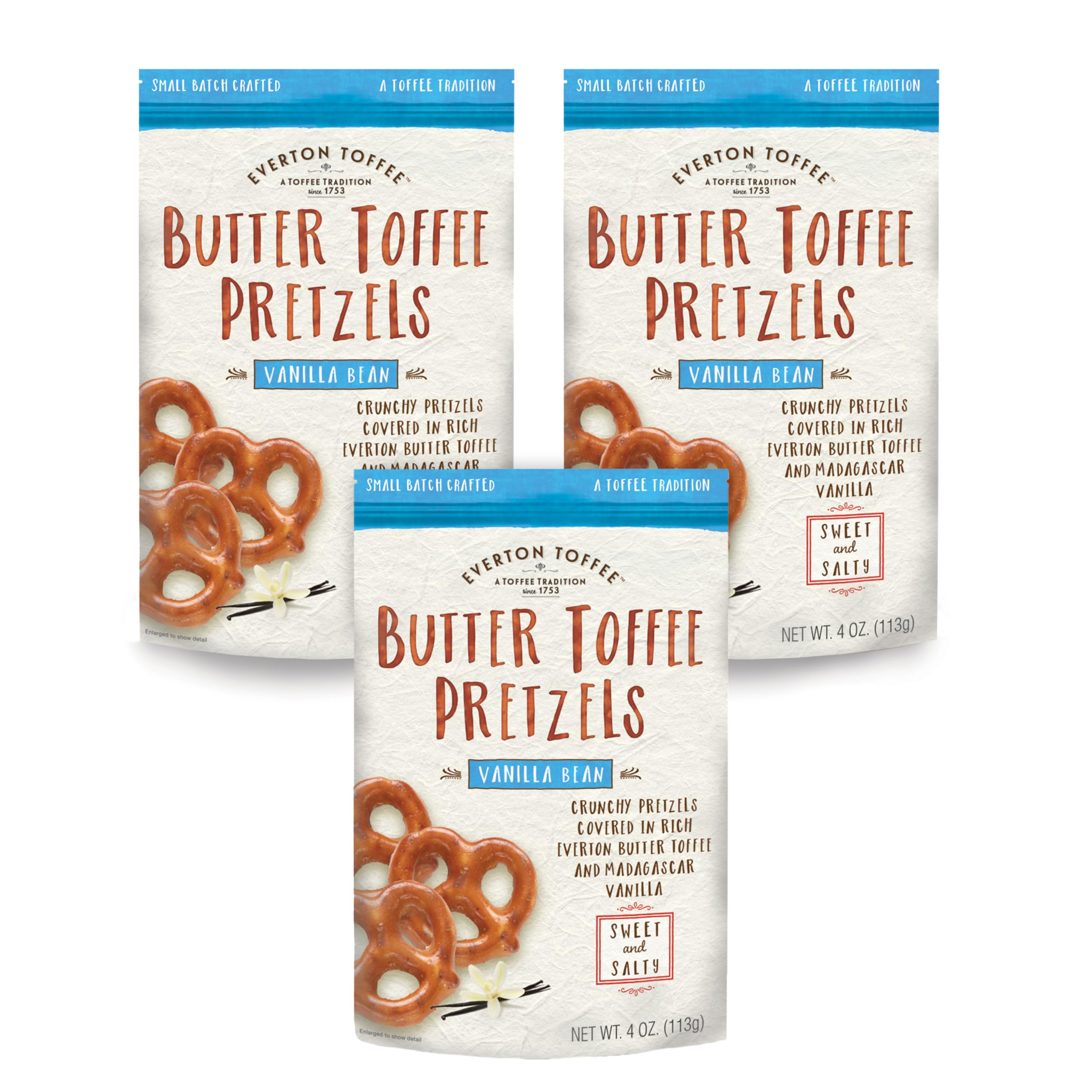 Everton Butter Toffee Pretzels, Vanilla Bean Flavor (4 oz bag, 3-pack) Gourmet Artisan Toffee Covered Pretzels, Sweet & Salty Mini Pretzel Snacks, Small Batch Crafted
