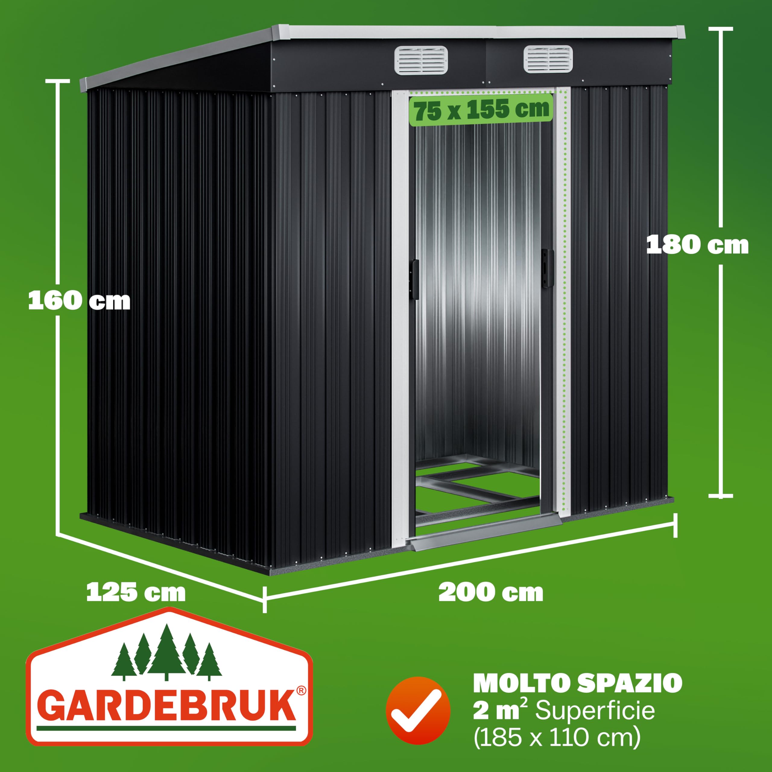 GARDEBRUK® Casetta da Giardino Capanno Attrezzi Giardinaggio in Metallo 2m² con Fondamenta 200x125x180cm Porta Scorrevole Casetta per Attrezzi verde Capanna da Esterno 4m³