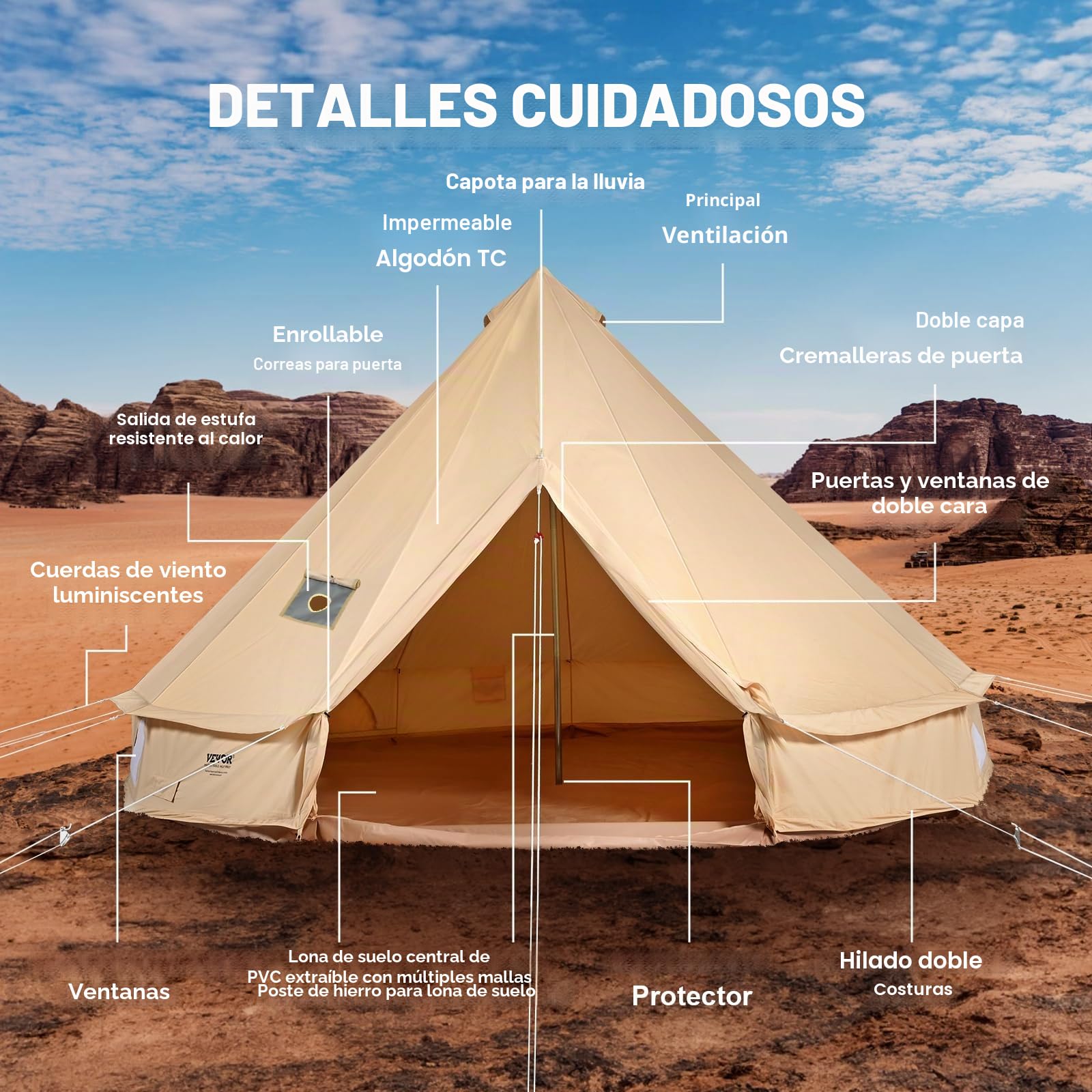 VEVOR Tienda de campaña de lona para 4 estaciones, tienda de campaña de lona para acampar con gato de estufa, tienda de campaña transpirable que sostiene a las personas, camping familiar al aire libre