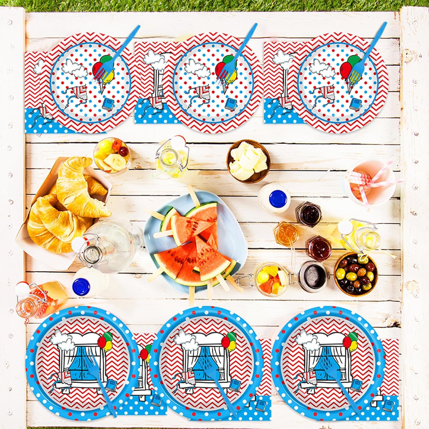 96Pcs Cat with Hat Birthday Party Supplies Cartoon Dr. Cat Birthday Paper Plates and Napkins Red and Blue Stripes Disposable Tableware Dinnerware Set Cats Themed Party Decorations for Kids Baby Shower