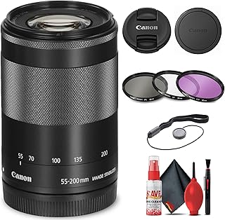 Canon EF-M 55-200mm f/4.5-6.3 is STM Lens (Black) (9517B002) + Filter Kit + Cap Keeper + Cleaning Kit + More (Renewed)
