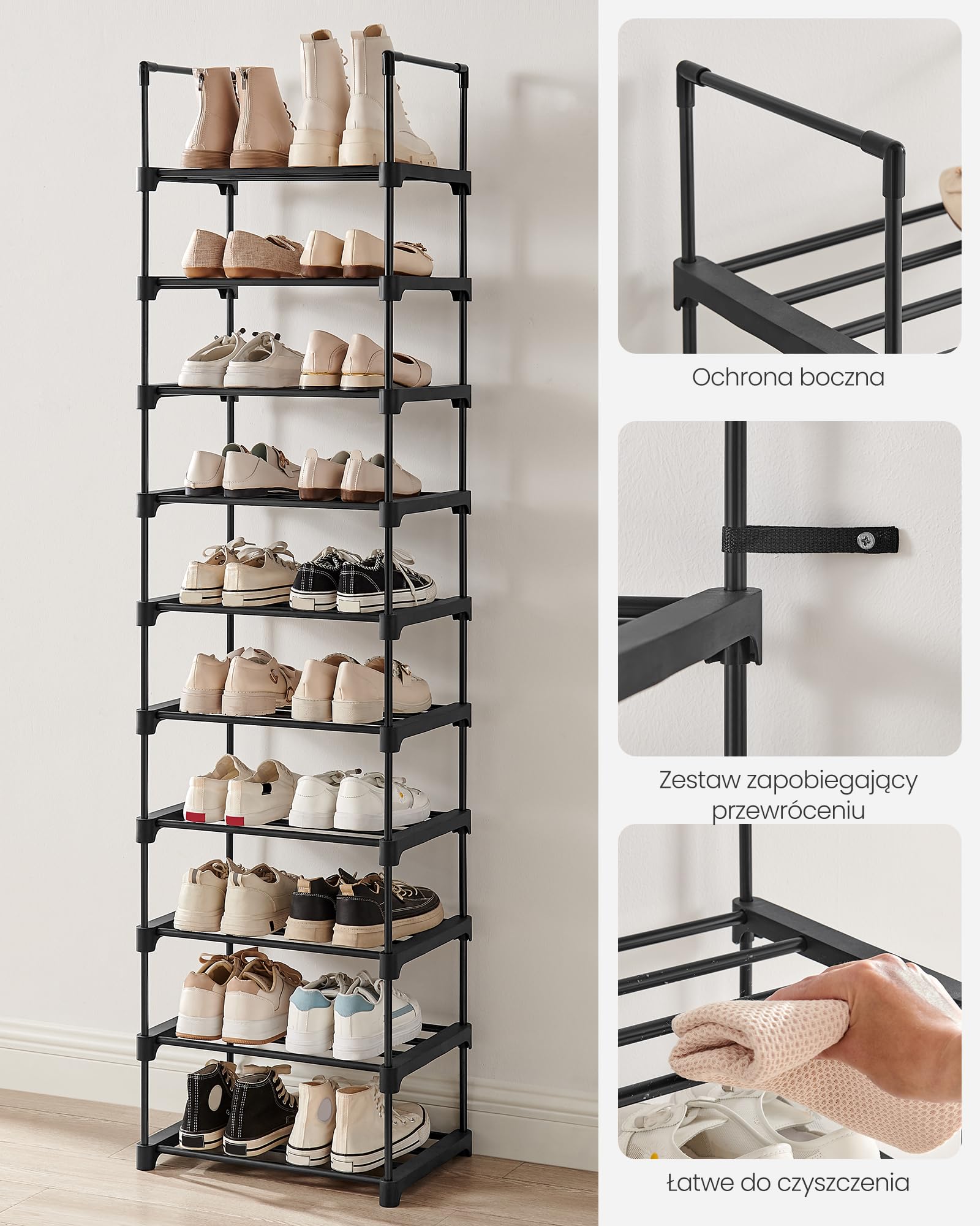 SONGMICS Półka na buty z 10 półkami, duża metalowa półka na buty, DIY, półka stojąca, oszczędzająca miejsce, wielofunkcyjna, salon, sypialnia, kuchnia, 45 x 30 x 174 cm, czarna LSA25BK