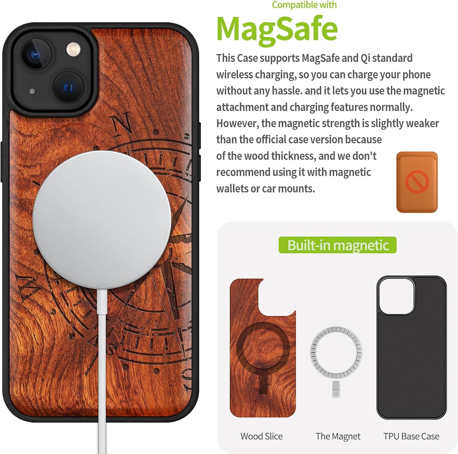Carveit Magnetic Wooden Case for iPhone 15 Plus Case, Compatible with MagSafe Wireless Chargers, Black Soft TPU Shockproof Cover & Wood Artisan Engraved (Incomplete Compass) - Rosy