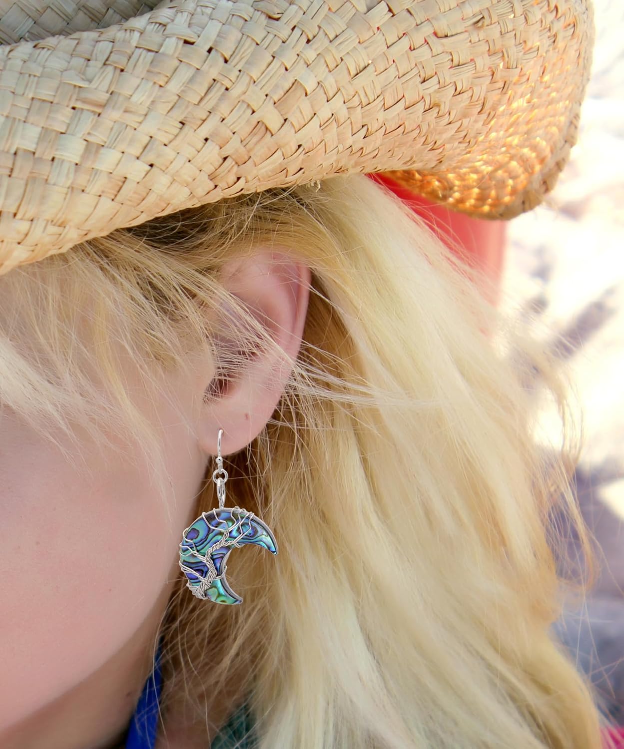 Handmade Moon shaped Abalone Shell Dangle Earrings for Women, Wire Craft Tree of Life Earrings - Image 7