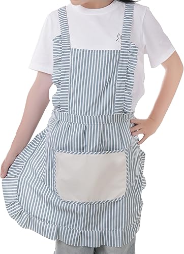 Miniatura 6 de Bonito delantal de algodón para mujer, delantales de cocina con pechera ajustable con bolsillos para hacer barbacoas, dibujar, hornear Azul