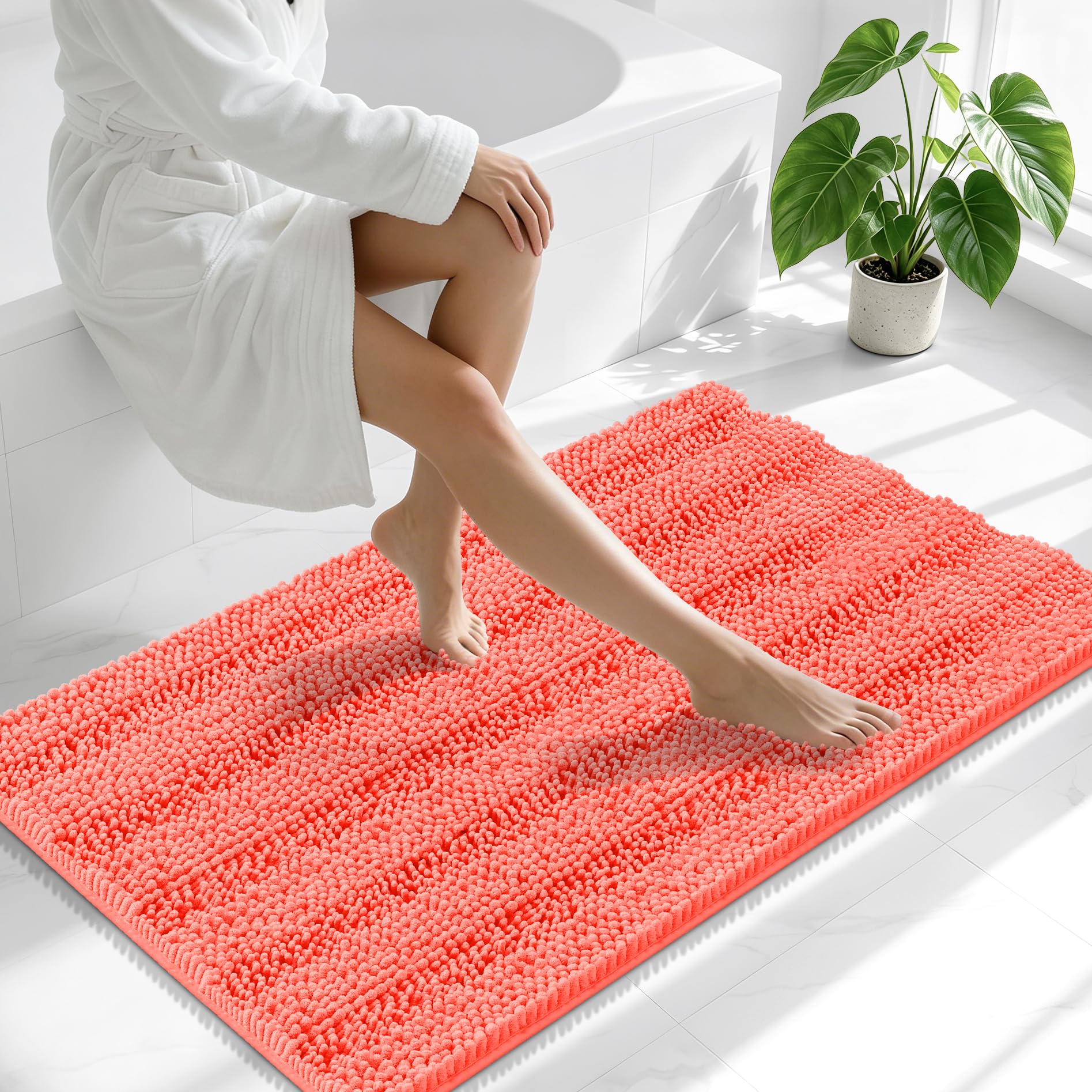 Smiry Thick Chenille Bathroom Runner Rugs 44x24, Absorbent Bath Mat, Coral