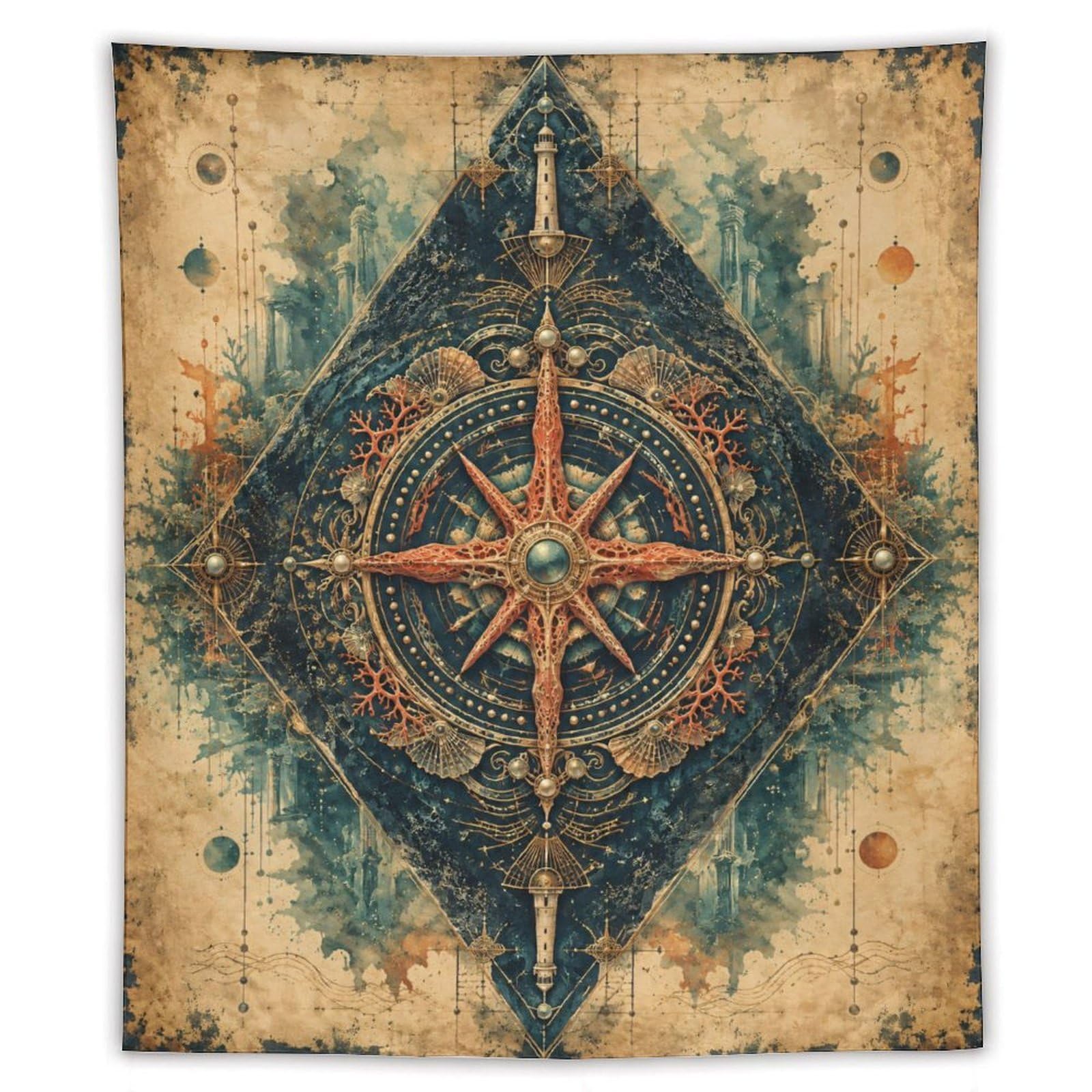 W7C8U2X3 Geometric Compass Rose Wall Tapestry, Geometric Art Style, Office