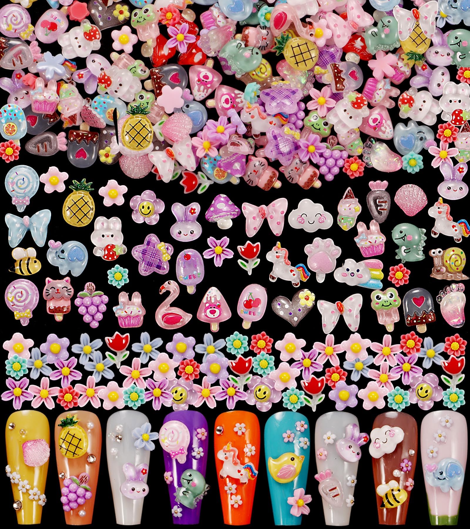 1 Pack of 250pcs Cute & Sweet 3D Nail Charms for Acrylic Nails, Perfect for Nail Art Decorations & DIY Accessories Crafts,Flower Bee Pineapple Bear Charms for Nail (#1-multi-color)