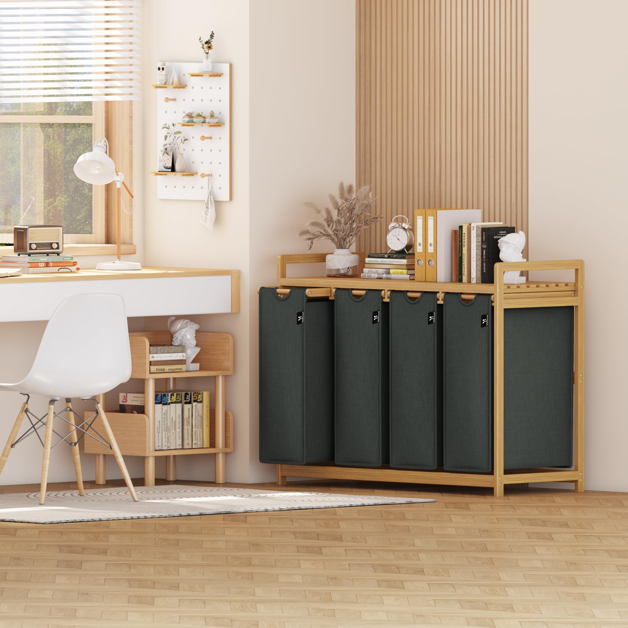 AdelDream Wäschekorb 200L, 4 Fächer Wäschesammler mit Ablage, Bambusrahmen | Wäschesortierer mit 4 x 50L Fächer,ausziehbar abnehmbar,Ablage bis 60 kg,Farbe Grau