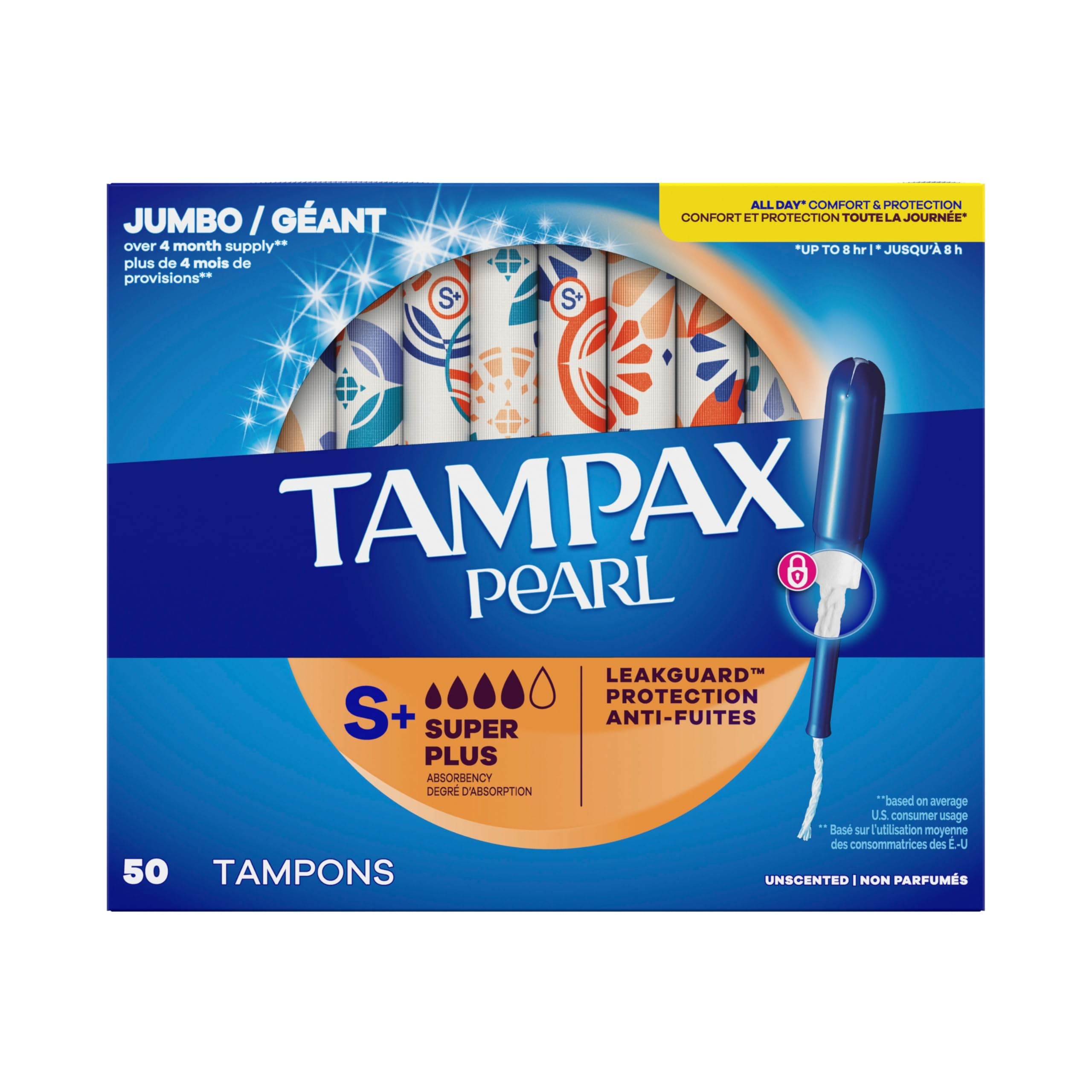 Tampax Pearl Tampons for Women, with LeakGuard Braid, Super Plus Absorbency, Unscented, 50 Count