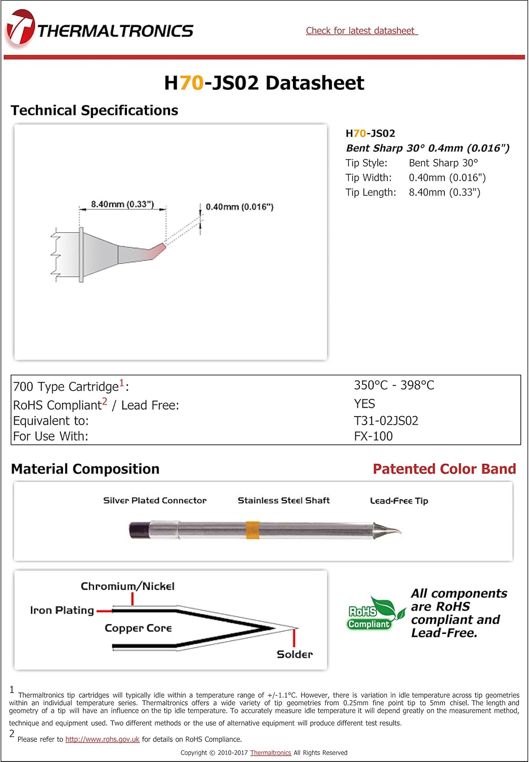 Thermaltronics H70-JS02 Bent Sharp 30deg 0.4mm (0.016in) interchangeable for Hakko T31-02JS02