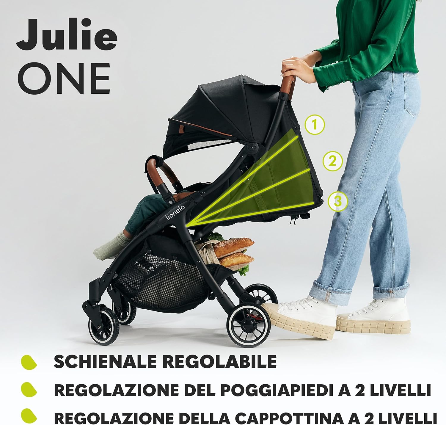 Adjusting the backrest and footrest of the LIONELO Julie One Stroller