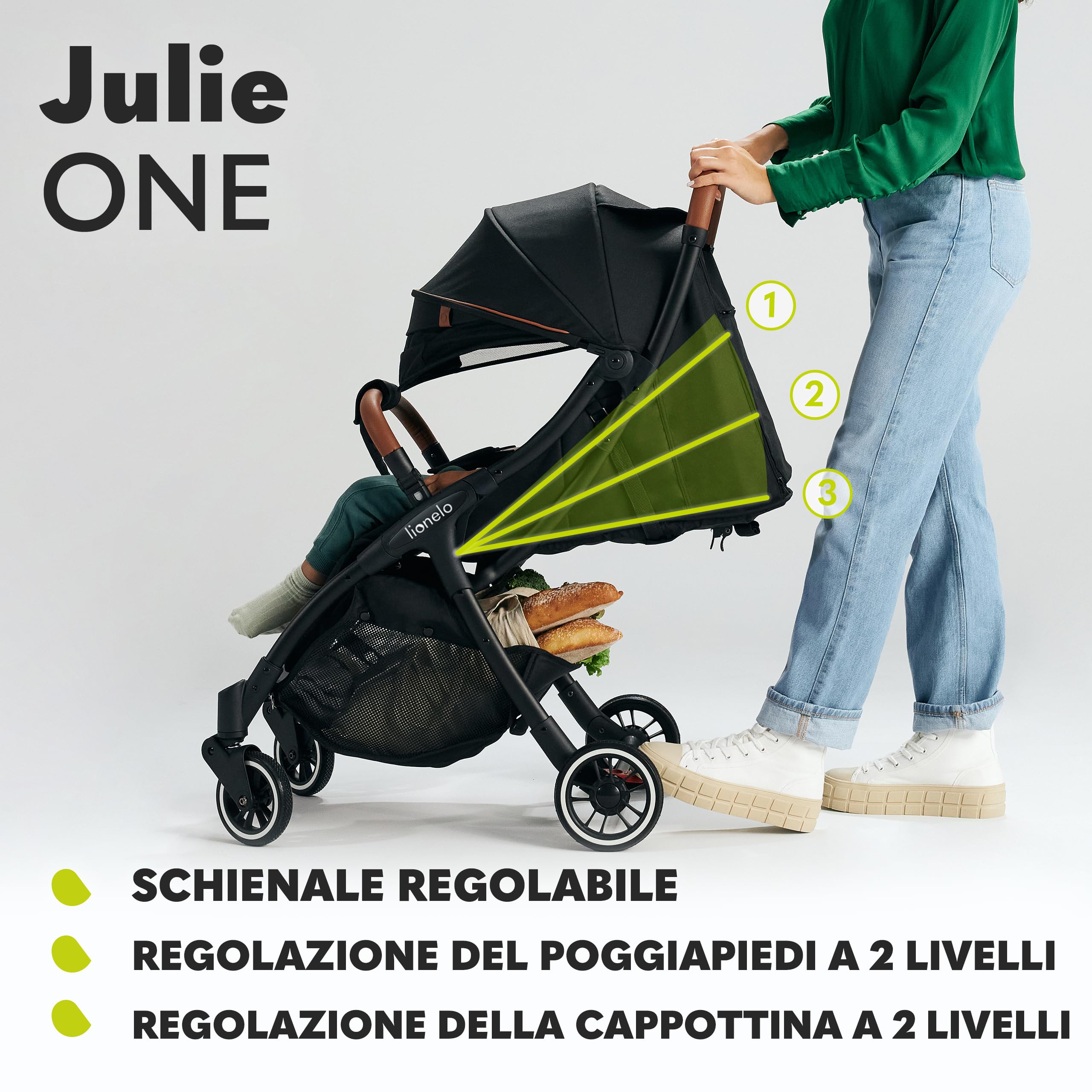 LIONELO Julie One Passeggino Leggero Pieghevole dalla Nascita a 22 kg | Schienale Reclinabile in Posizione Sdraiata, Poggiapiedi Regolabile, Zanzariera, Coprigambe, Portabibite e Borsa