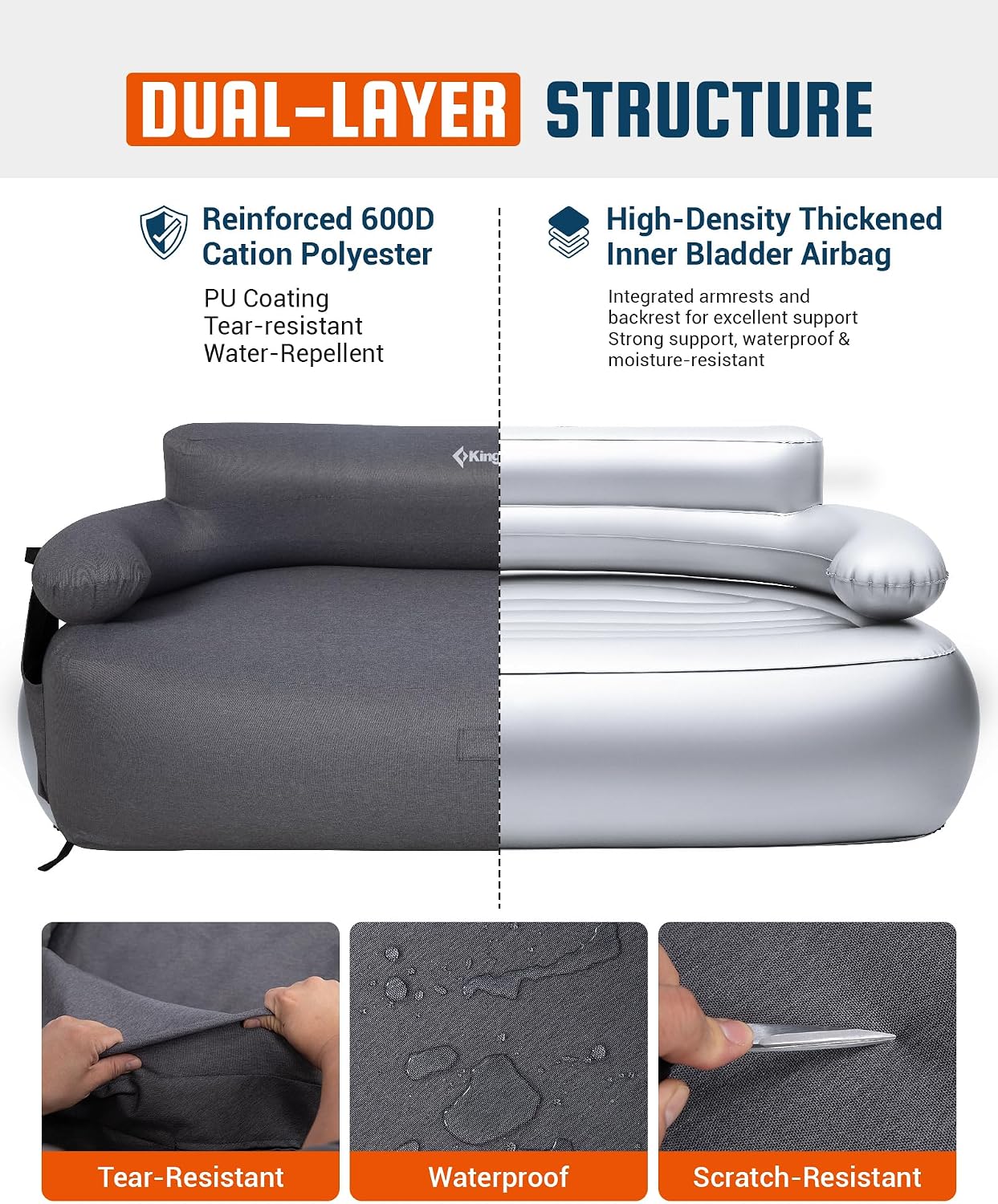 KingCamp Double Camping Inflatable Couch with Built-in Electric Pump, 880LB Heavy Duty Outdoor Loveseat Air Sofa, 600D Cationic Fabric Dual-Layer 2 Person Inflatable Sofa for Camp, Backyard, RV, Patio