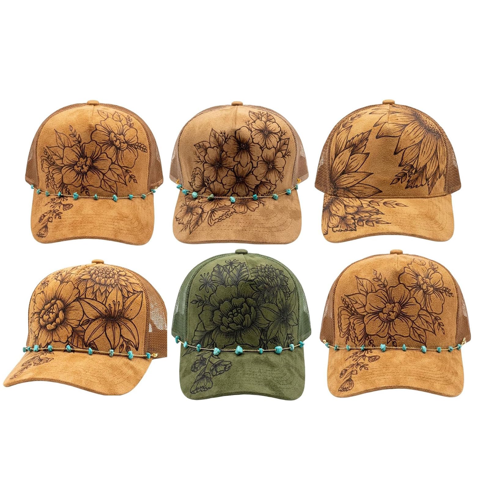 Generico Cappello da Camionista in Pelle Scamosciata bruciata con Applicazioni Floreali, Catena con Delicate Pietre turchesi, Retro in Rete Regolabile, Stile Western Boho Cowgirl.