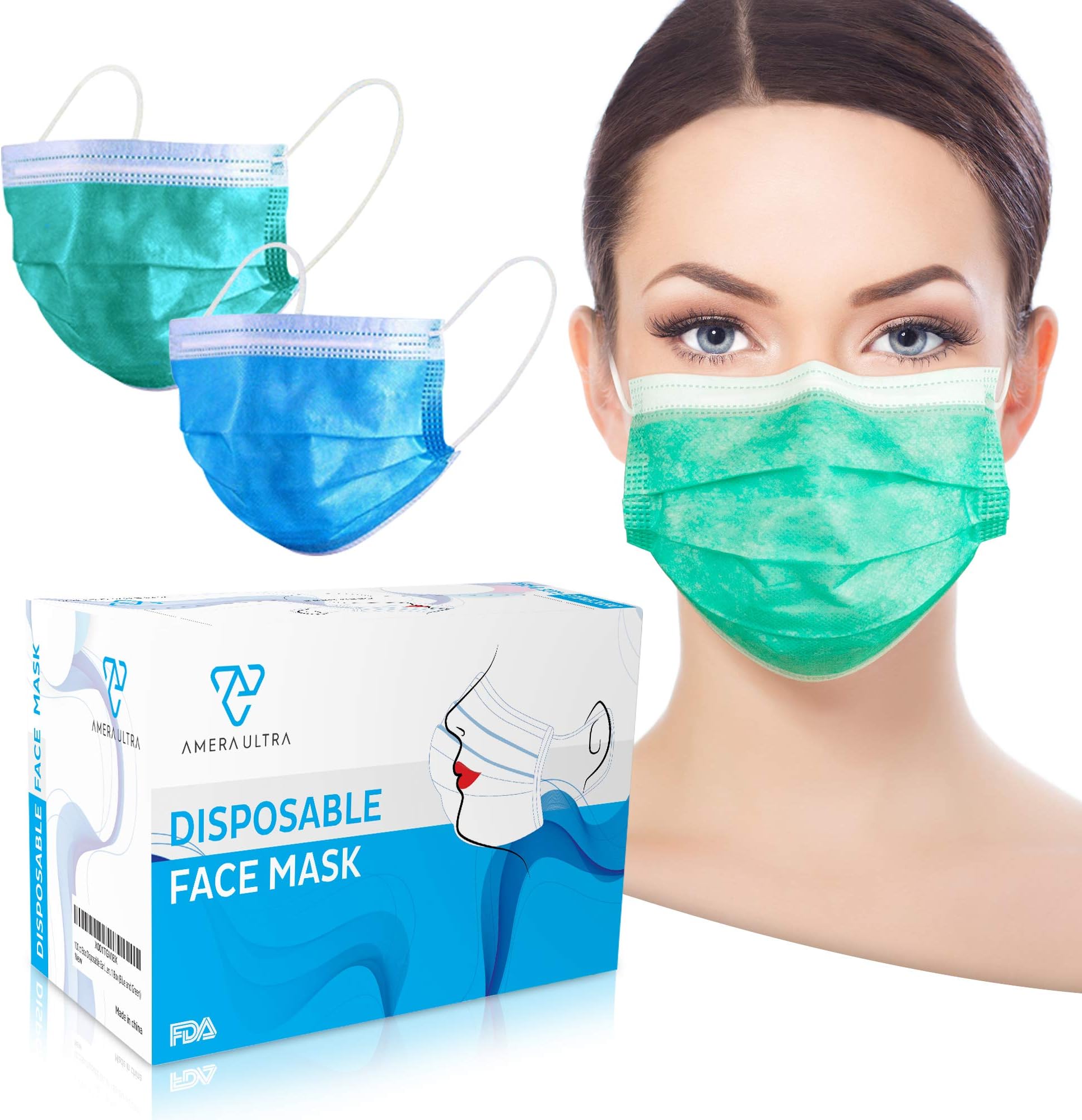 Face Mask with Earloops – 100 Pack – Disposable – Hypoallergenic – Protect Yourself from Dust, and Pollen – Ideal for Medical, Surgical, Catering and Construction Workers – Blue and Green Masks