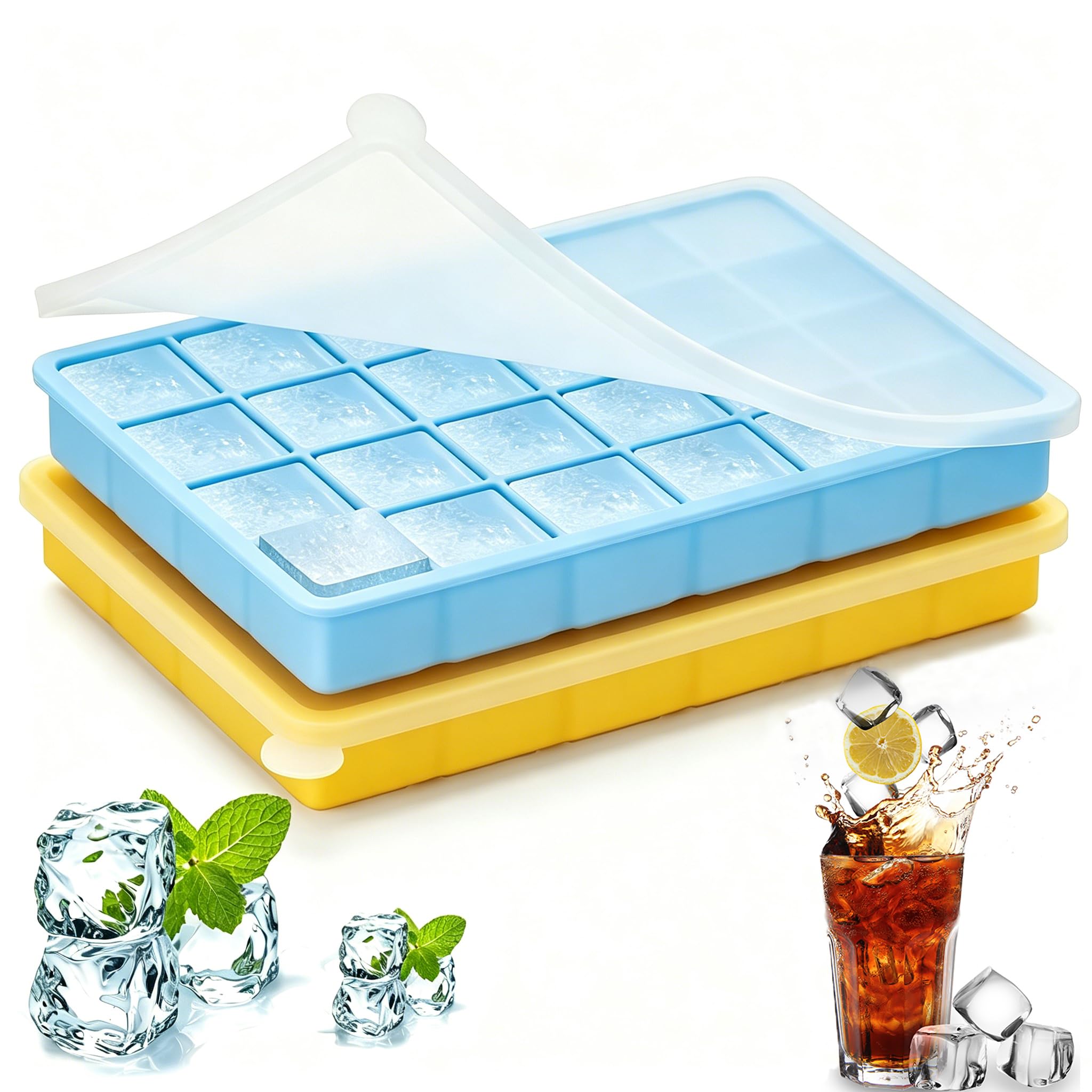 FIOUSY Silicone Ice Cube Tray, Flexible Ice Cube Tray with Removable Lid, 2 PCS of Ice Cube Moulds Set and 24 Ice Cub Per Tray for Whiskey (Yellow+Blue)