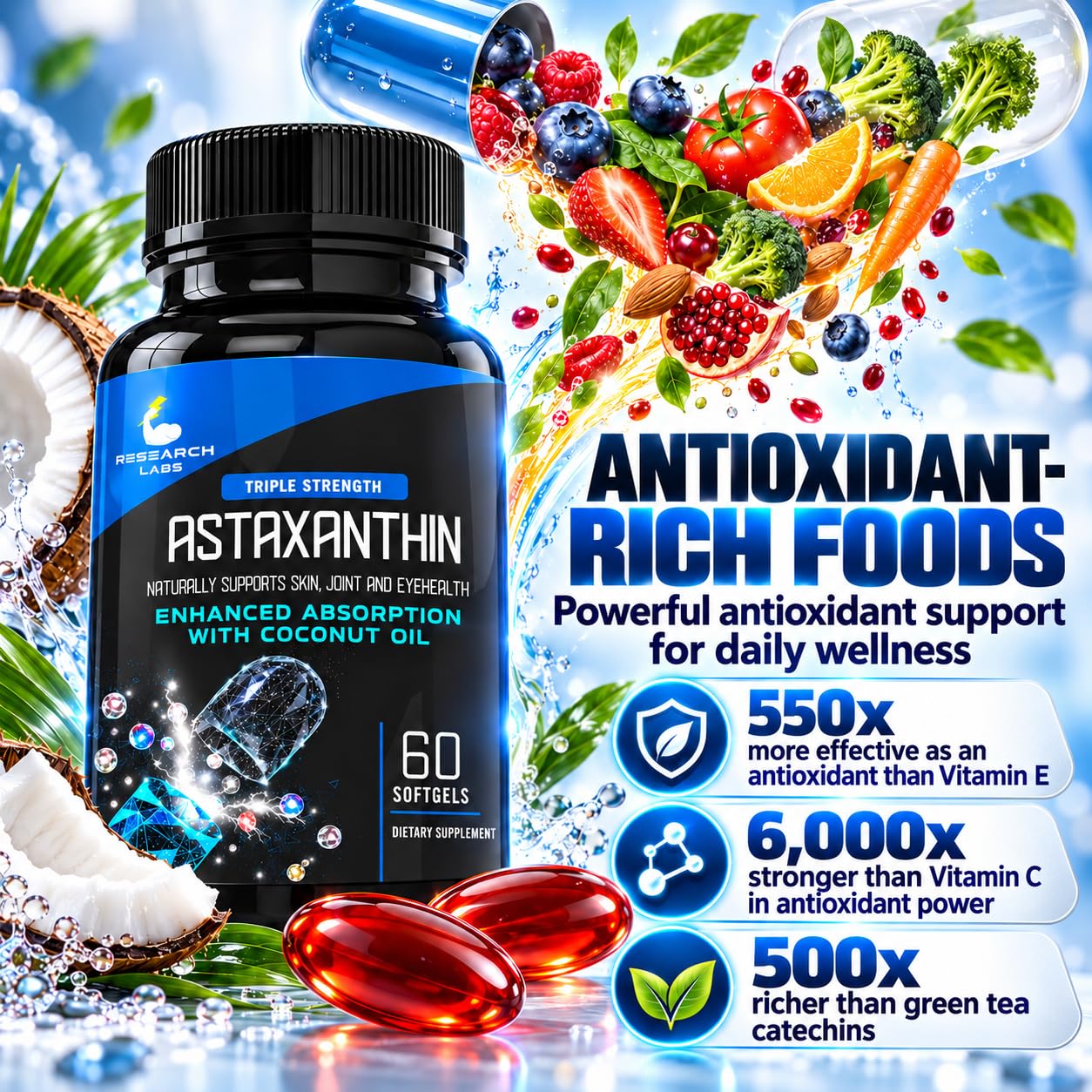 Research Labs Triple Strength Natural Astaxanthin 12mg Softgels + Extra Bottle Organic Coconut Oil for Enhanced Absorption Powerful Antioxidant Supports Eye Joint & Heart Health 120 Total Softgels — Amazon image 2