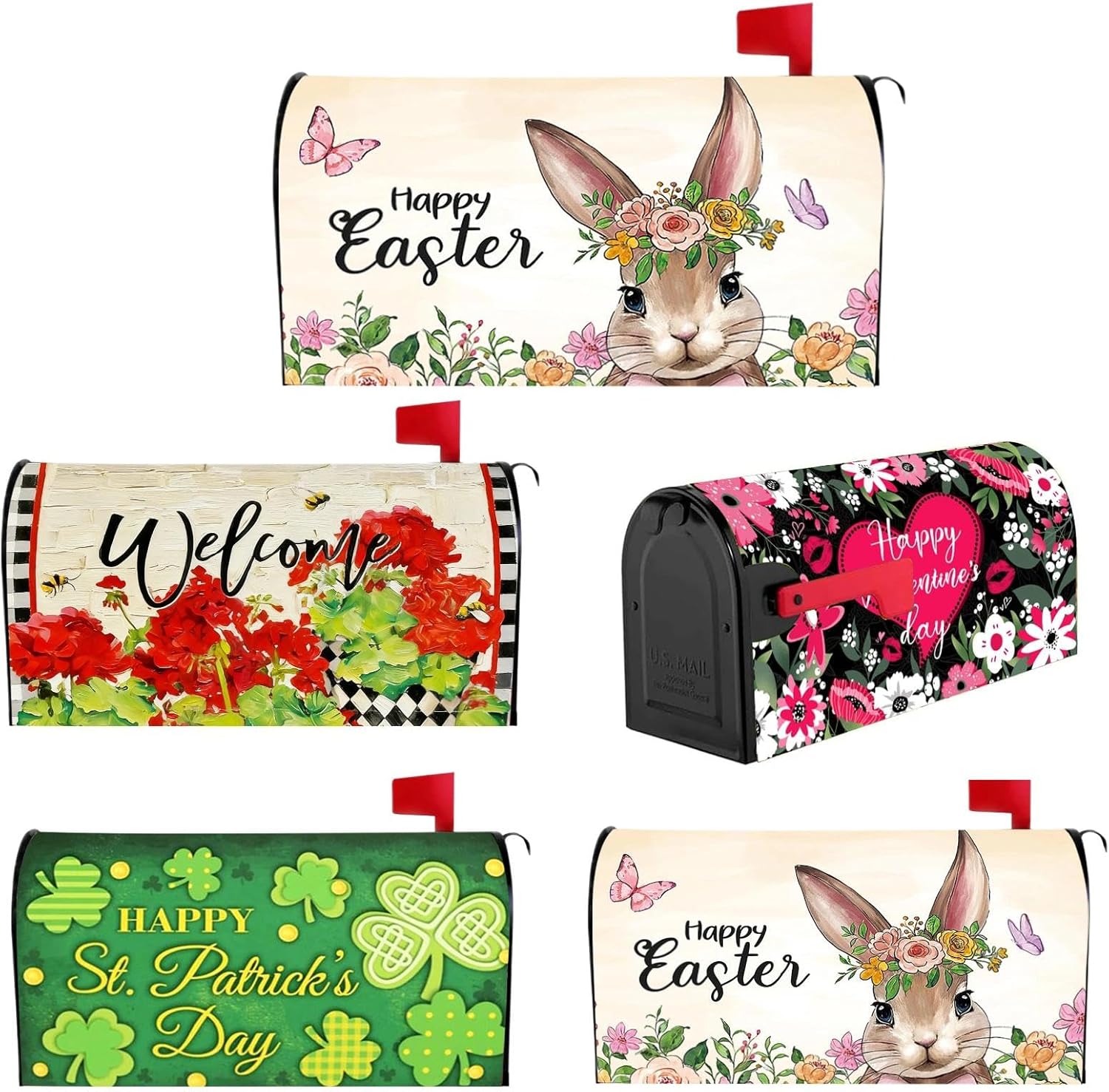 4Pcs Holiday Mailbox Cover Magnetic Standard Size 21 x 18 inch Waterproof Post Box Cover for Garden Patio Decoration (Valentine's Day,St Patrick's Day,Easter,Spring Magnetic Mailbox Covers Set)
