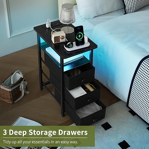 Miniatura 6 de Yoobure Mesa auxiliar con estación de carga, mesa auxiliar estrecha LED, mesita de noche, mesita de noche, mesita de noche, mesita de noche delgada