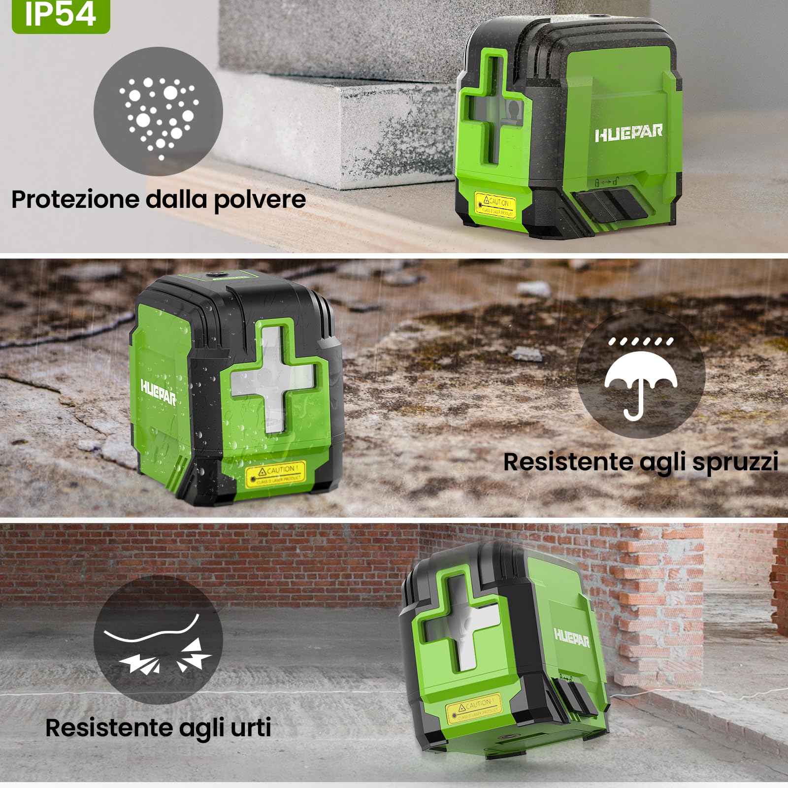 Huepar GK011DG Livella Laser Autolivellante con Treppiede 1,02 m, Laser Verde a Croce Orizzontale 110° e Verticale 110°, IP54, Borsa, Occhiali e 2 Pile AA, 30m Livella Laser per Casa, Appendere Quadri