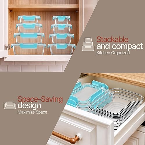 Miniatura 9 de Recipientes de vidrio de borosilicato Aqua con tapas, 16 piezas, grado alimenticio, apilables, sin BPA, recipientes de almuerzo y sobras, aptos para