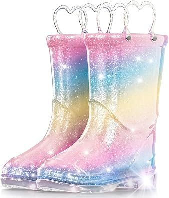 Funspread Toddler Rain Boots Girls Rain Boots - Glitter Light Up Kids Rain Boots with Easy-On Handles Lightwight Waterproof Rain ShoesToddler/Little/Big kids