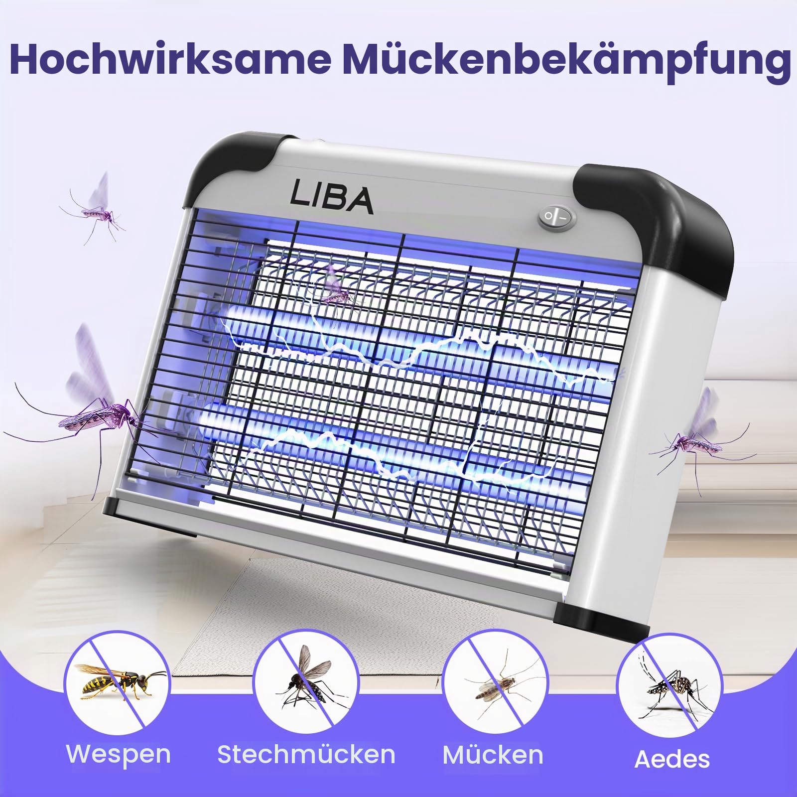 LiBa Elektrischer Insektenvernichter, Insekten und Fliegenvernichter, 20W Insektenfänger für Mücken, Fliegen und Motten, Fliegenvernichter Abwehr mit 2 Ersatzbirnen und abwaschbarer Ablage