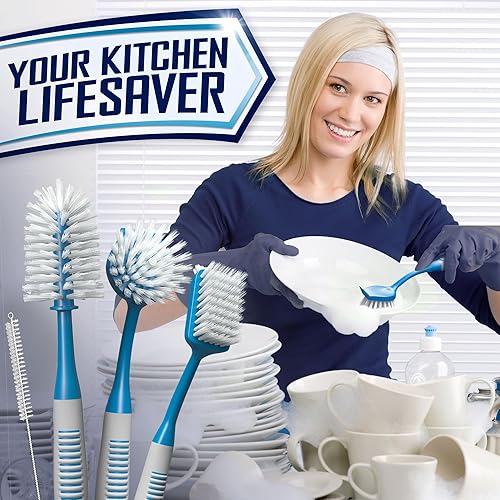 Miniatura 7 de Juego de 4 cepillos de cocina con mango largo antideslizante para limpieza, fregador, lavavajillas, platos, botellas, popotes, tazas, ollas y