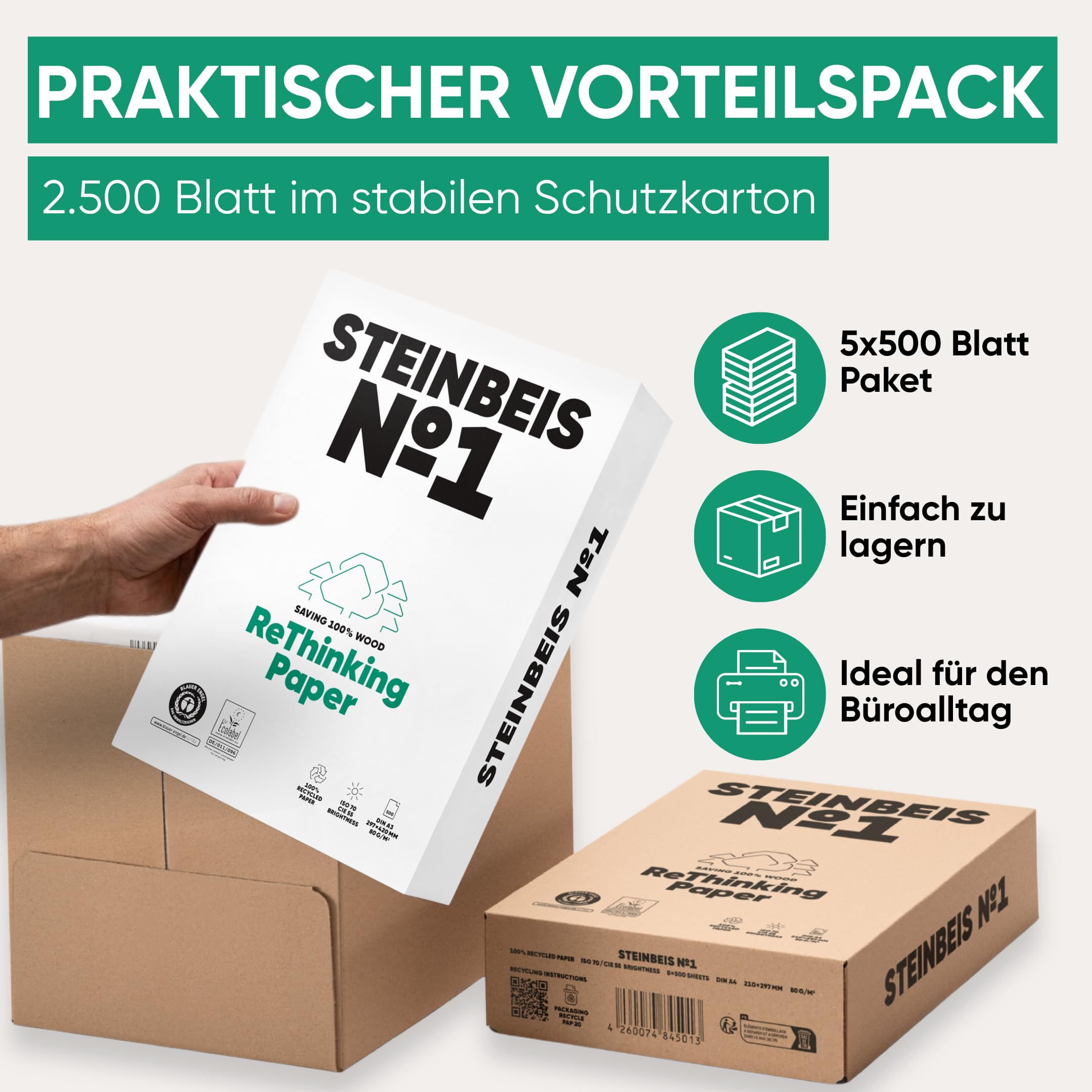 Steinbeis No. 1 carta per stampante – 2500 (5 x 500) fogli DIN A3 80 g/m², bianco e senza cloro, carta per fotocopiatrici di alta qualità ISO 70/CIE 55