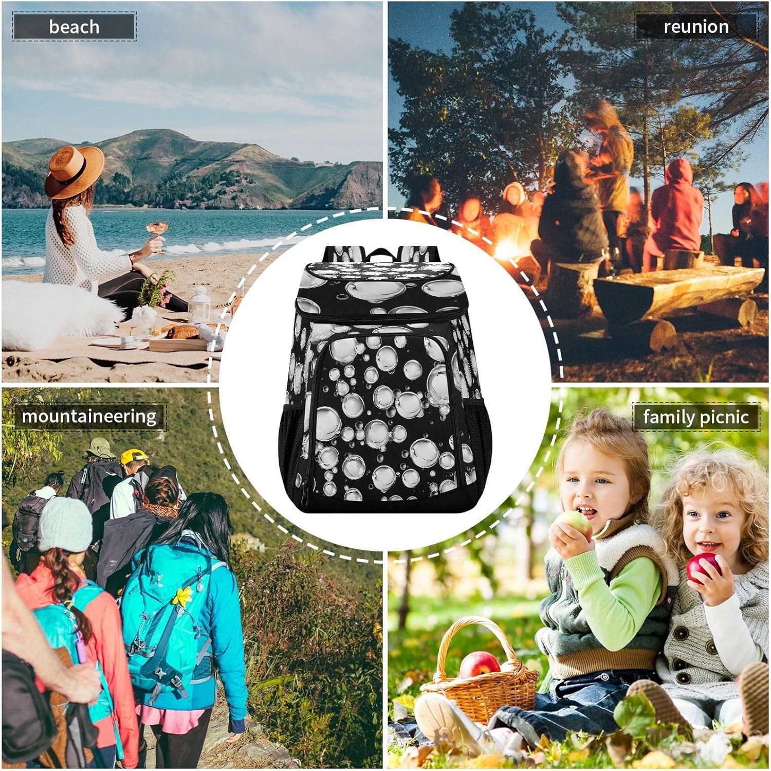 White Bubbles Cooler Backpack 36 Cans Leakproof Waterproof Backpack Cooler Bag Beach Accessories Travel Camping Fishing Backpack for Women Men