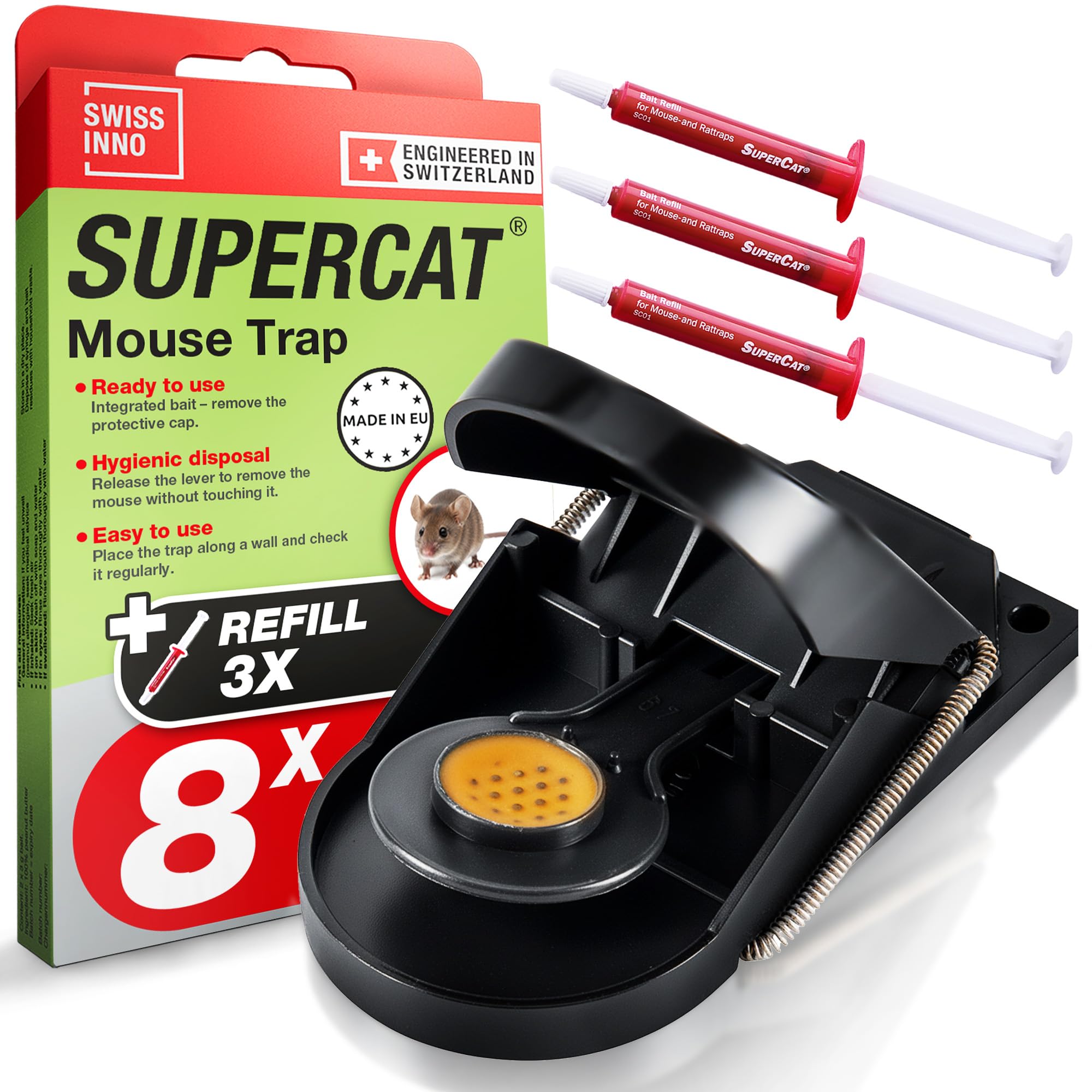 SWISSINNO Mouse Trap SuperCat - Mousetrap Indoor/Outdoor Use - Patented Solution - Efficient + Reusable mousetrap with peanut butter bait - Instant catch and kill - 8 Traps + 3 Bait syringes