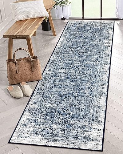 Lahome Alfombra de pasillo lavable de 2 x 8 pies con parte trasera de goma, alfombra larga y suave vintage para pasillo, antideslizante, color azul,