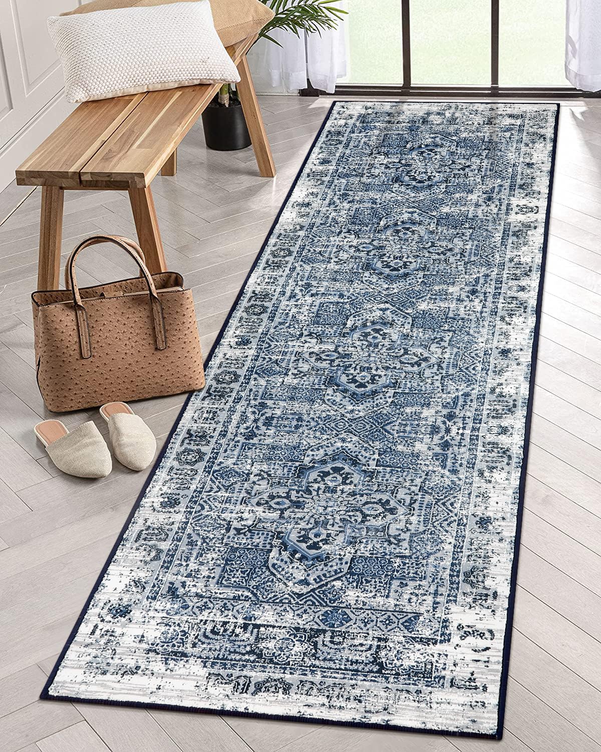 Lahome Washable 2x8 Runner Rug with Rubber Backing, Vintage Soft Long Carpet Runner for Hallway Non-Slip, Blue Indoor Floor Runner Rugs for Bedroom Bedside Bathroom Kitchen Entryway RV
