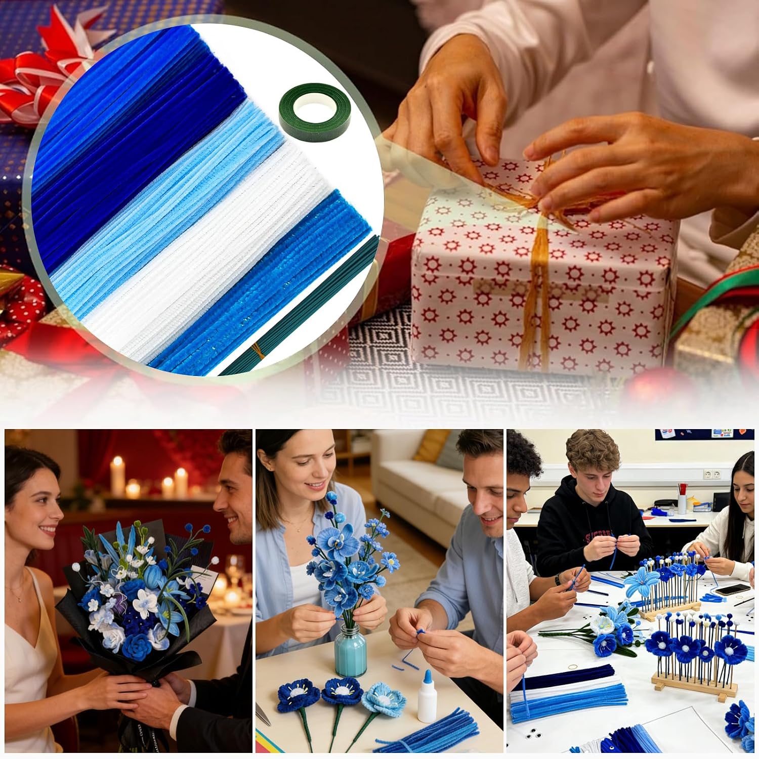 450pcs Blue Pipe Cleaners Flower Kit,5 Colors Pipe Cleaner Bulk Flowers Making Kit with Instruction,Fuzzy Wire to Make Flower Wire,Floral Tape,DIY Decorations and Art Supplies