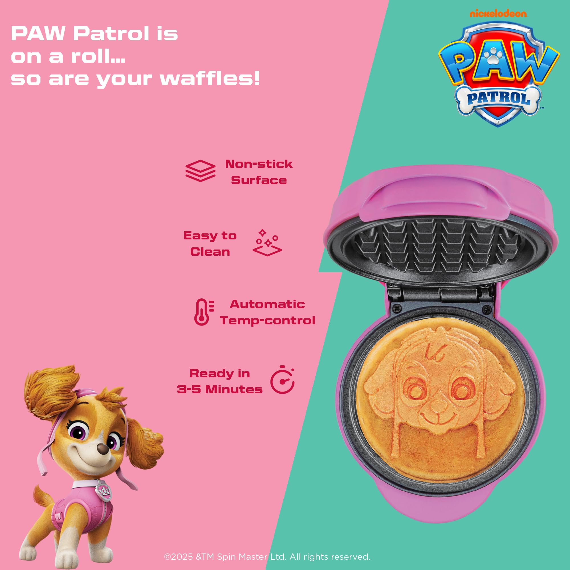 Gofrera de Paw Patrol Mini Gofrera con placa especial "Skye", tamaño gofre: Ø 10 cm, tamaño ideal para niños, para cumpleaños o como regalo, producto oficial de color rosa