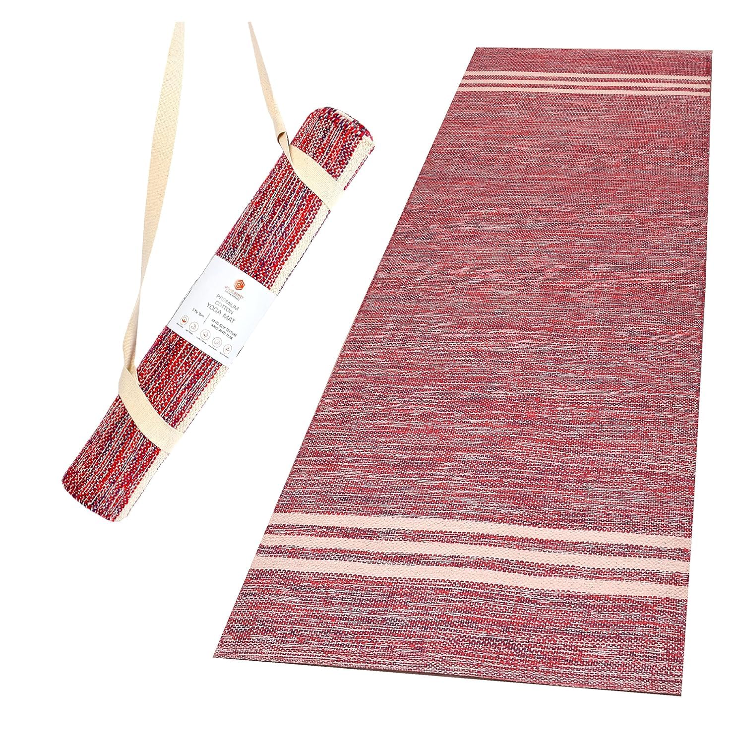 Anti-Skid Cotton Yoga Mat for Men & Women - Earth Maroon, 24x72 Inches, Handwoven Design. Biodegradable Exercise Mat, Soft & Sweat Absorbent