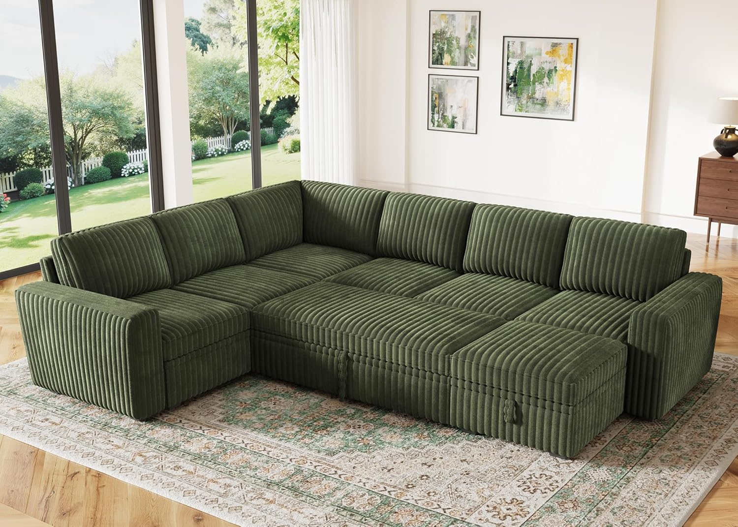HONBAY Modular Sectional Sleeper Sofa with Pull Out Bed,Corduroy U Shaped Couch with Storage, Sectional Couches for Living Room,Green - Thumbnail 2