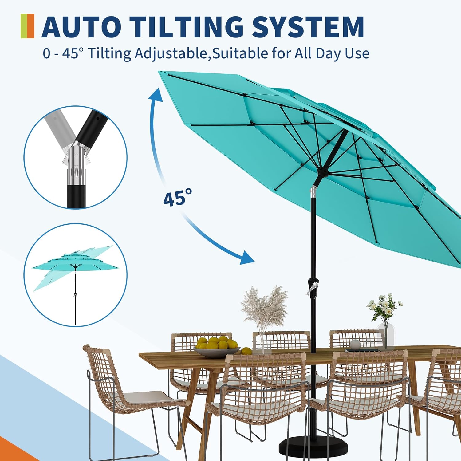 PeakPursuit 3 Tiers Patio Market Umbrella 8 Ribs, 9FT 3 Tiers Heavy Duty Outdoor Umbrella with Ventilation and Hand Crank