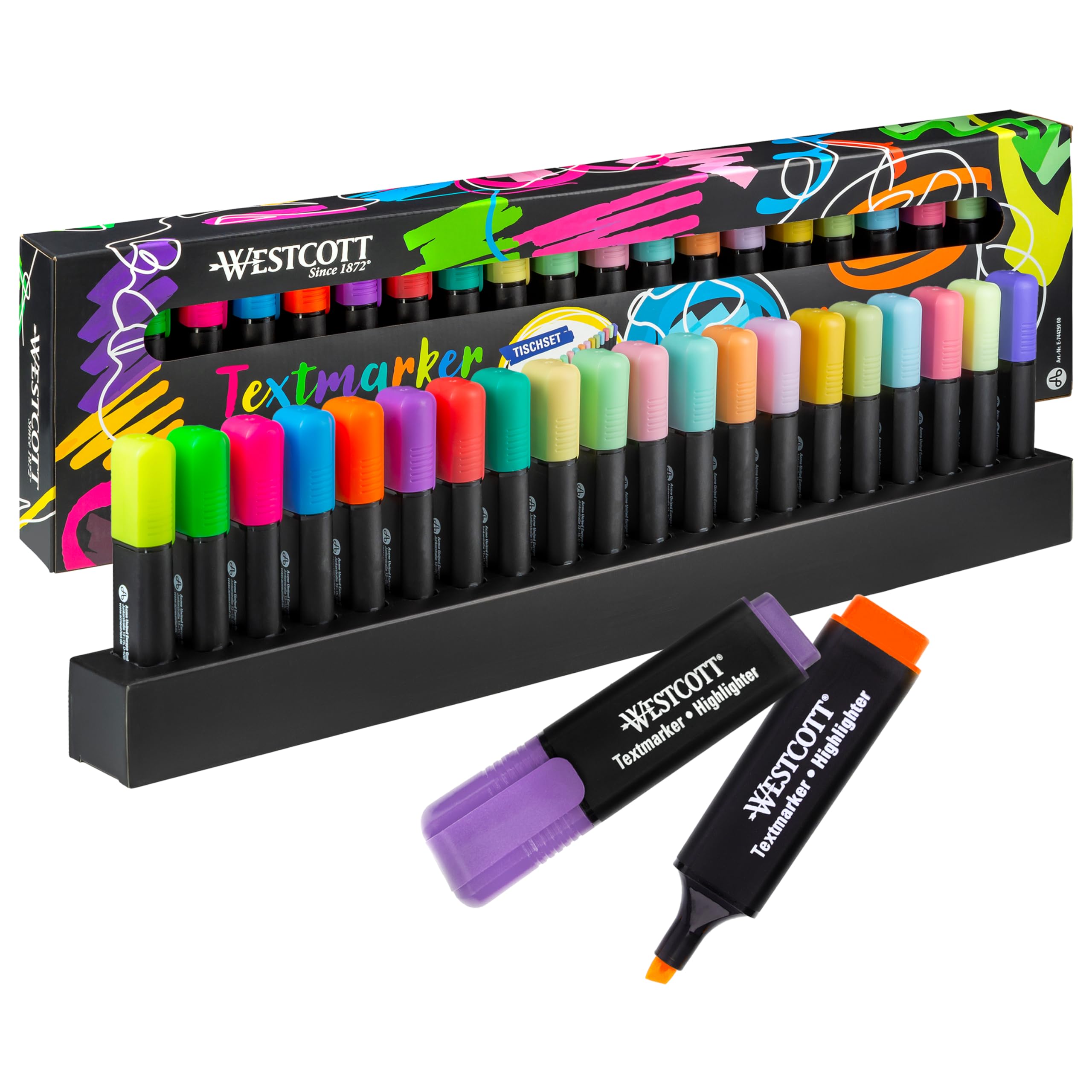 Westcott Juego de 20 rotuladores fluorescentes con sistema organizador, 20 unidades, grosor de trazo de 2-5 mm, tinta premium de Alemania, E-744250 00