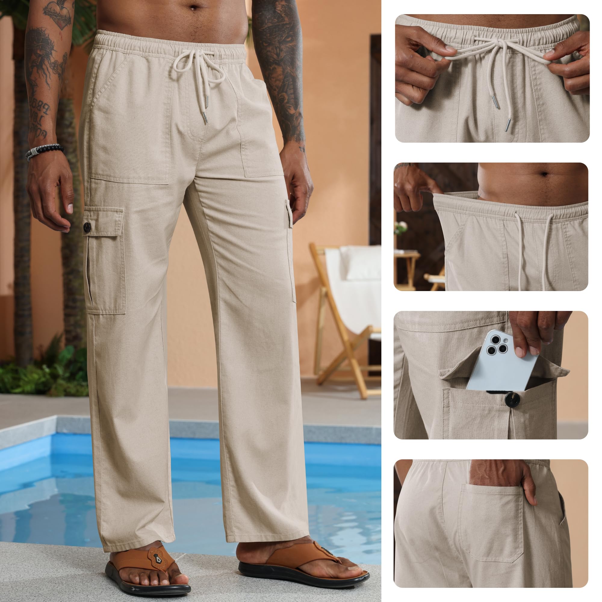 Breampot Herren Leinenhose Lang Leicht Sommerhose Baumwolle Cargo Loose Freizeithose mit Kordelzug