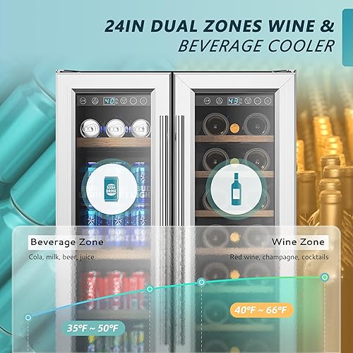 Miniatura 2 de EUHOMY Refrigerador de vino y bebidas, enfriador de vino de doble zona de 24 pulgadas con puerta de vidrio, 21 botellas y 88 latas, refrigerador de