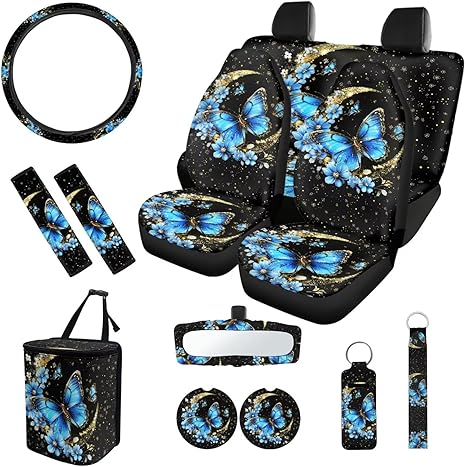 Starry Butterfly Moon Seat Belt Cover Steering Wheel Cover Center Mirror Cover Coasters Car Seat Cover Keychain Lipstick Cover Car Trash Can Easy Installation Soft Suitable for Woman
