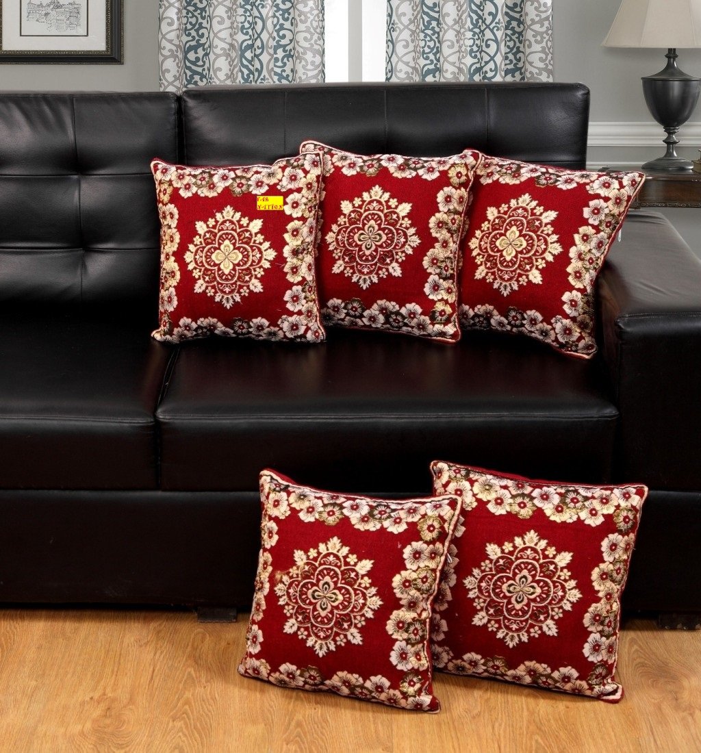 Fab Nation Festive Cushion Covers 16 inch x 16 inch Cotton Set of 5 for Diwali Home Decor, Floral Design, Handloom Weave Square Sofa Pillow Inserts 16 inch for Living Room Sofa Chair (Maroon,Gold) (B06XQJDV5B) Amazon Price History, Amazon Price Tracker