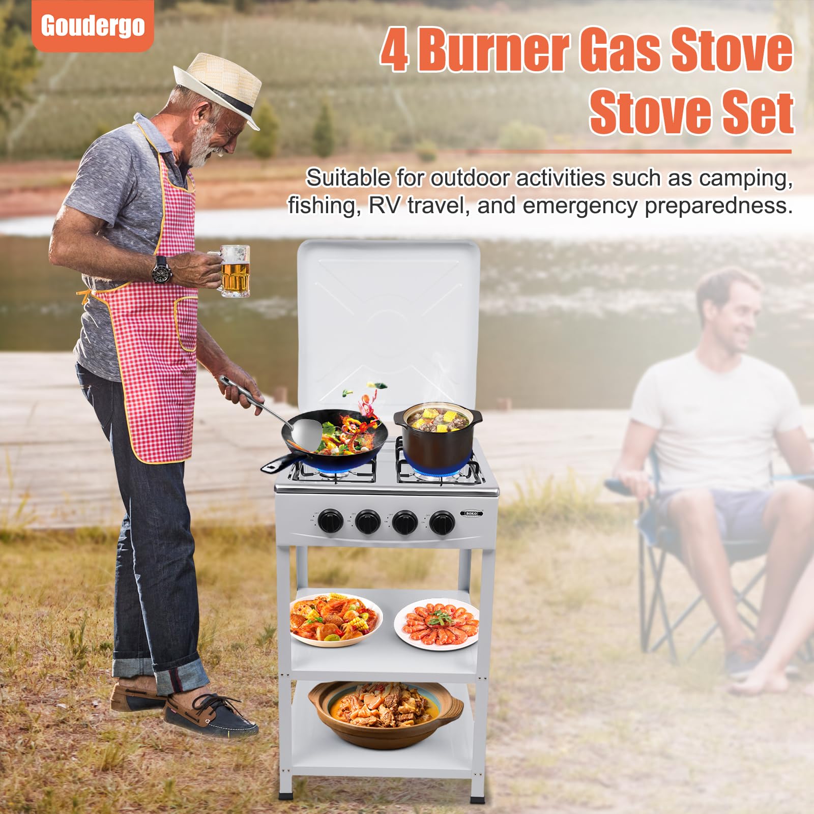 4 Burner Gas Stove Portable Stove Set with Support Leg Stand, Manual Ignition Camping Stove, Camping Cookware Set for Apartment, Outdoor Cooking Camping(Without connecting hose)?Silver-1?