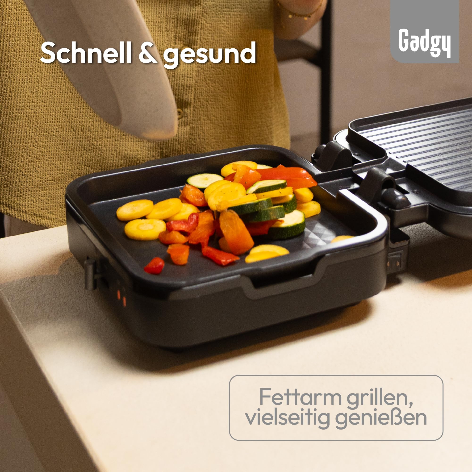 Gadgy Kontaktgrill – Elektrische Tischgrill mit abnehmbarem Grillboden – Einstellbare Temperatur – Ein- & Doppelseitiges Grillen – Antihaftbeschichtung – 1400W – Matt Schwarz/Silber